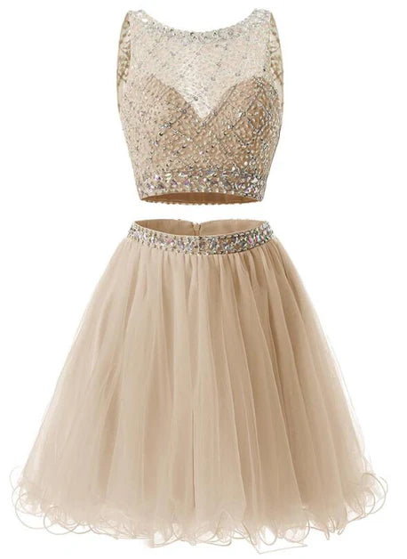 Two Piece Champagne Tulle Beaded Short Homecoming Dress Prom Dress Party Dress
