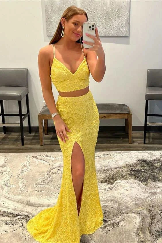 Two Piece Mermaid V Neck Sequins Orange Evening Dress With Slit