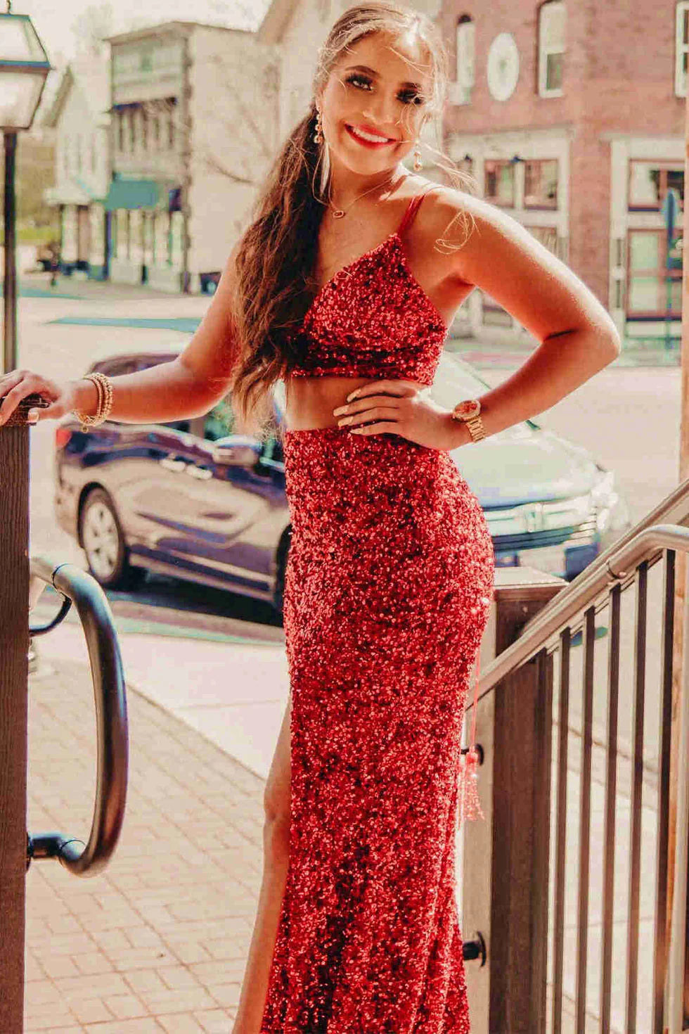 Two Piece Mermaid V Neck Sequins Orange Evening Dress With Slit