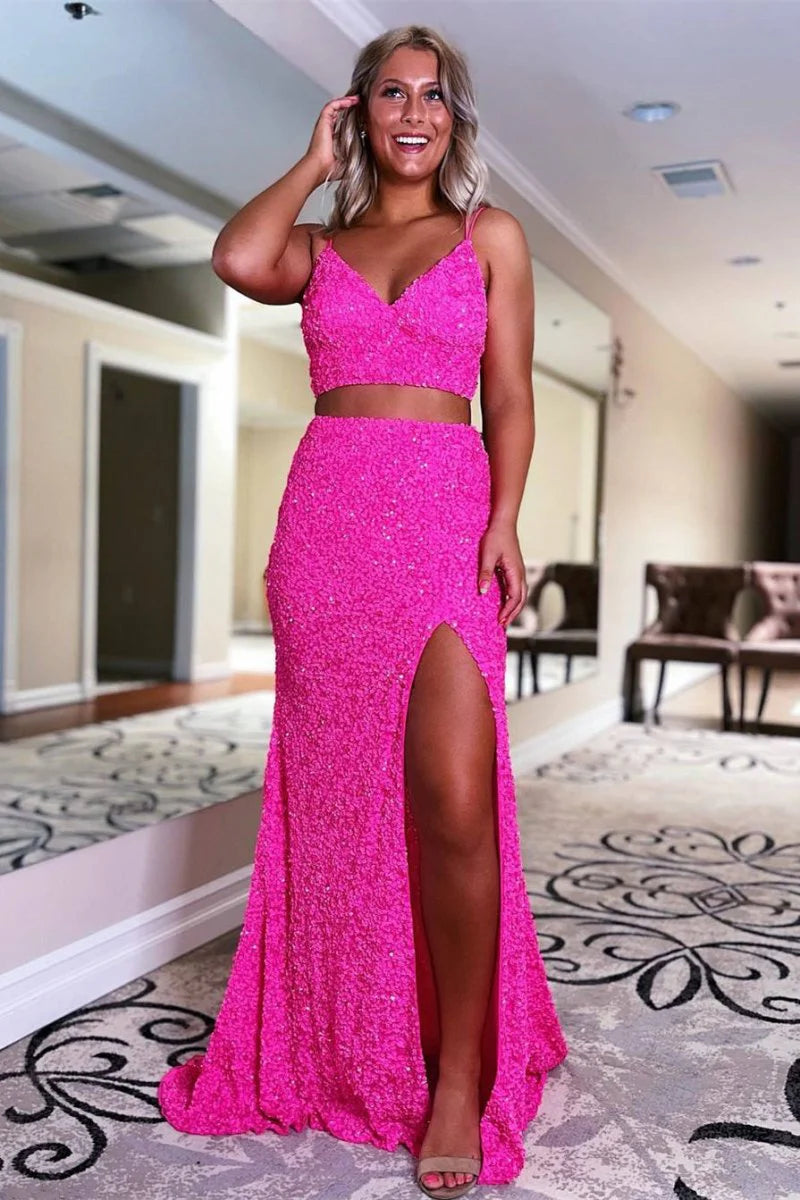 Two Piece Mermaid V Neck Sequins Orange Evening Dress With Slit