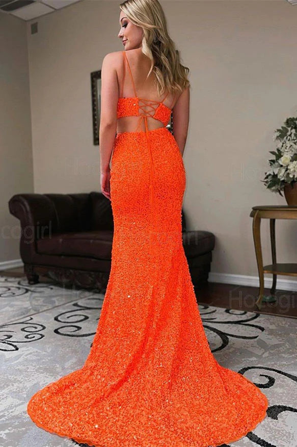 Two Piece Mermaid V Neck Sequins Orange Evening Dress With Slit