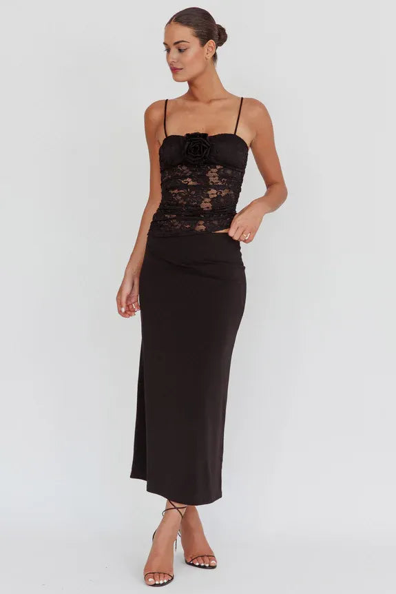 Two Piece Spaghetti Straps Lace Rosette Top Black Maxi Evening Dress