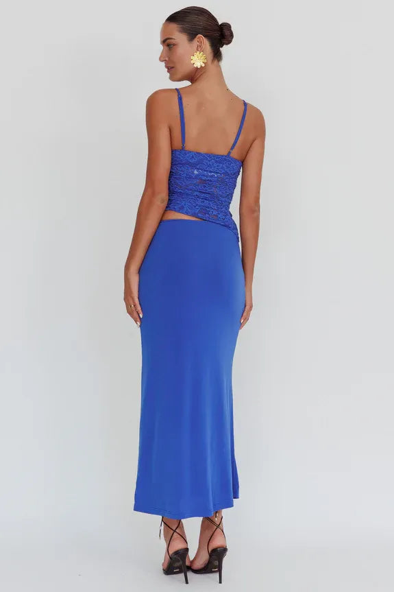 Two Piece Spaghetti Straps Lace Rosette Top Black Maxi Evening Dress