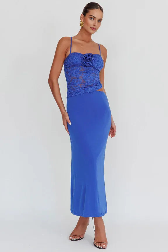 Two Piece Spaghetti Straps Lace Rosette Top Black Maxi Evening Dress