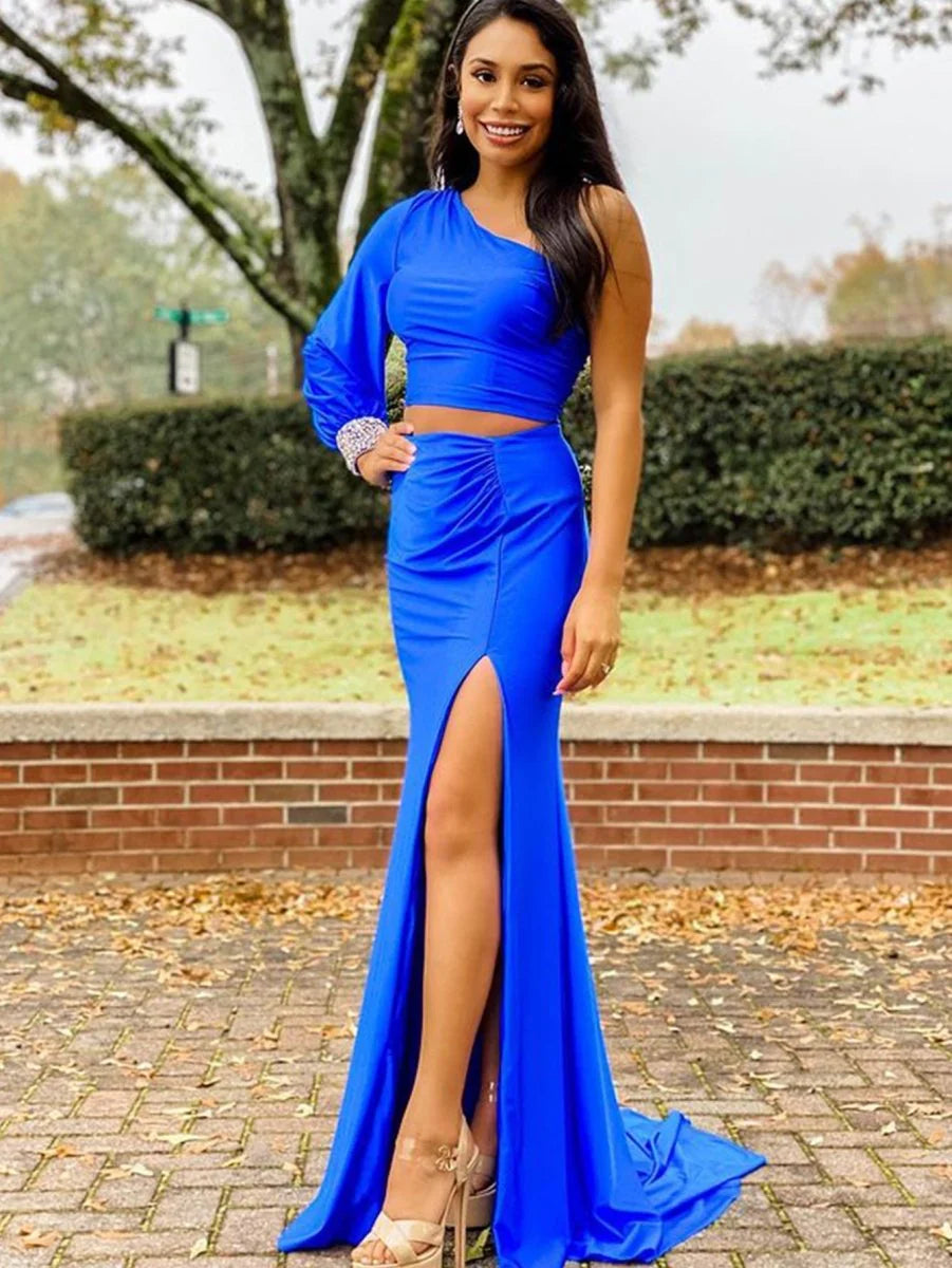 Two Pieces Mermaid One Shoulder Long Sleeves Satin Black Long Evening Dress