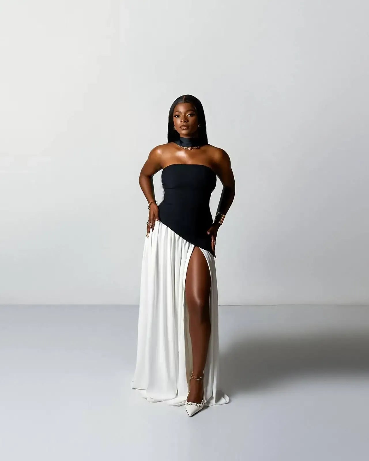 Two Tone Sheath Strapless Black White Floor Length Prom Dress With High Slit