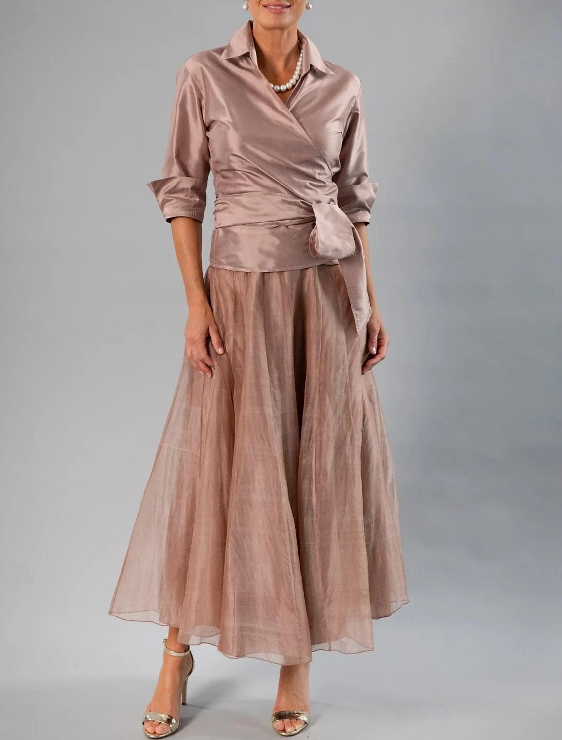 Two Piece Elegant A-Line Collared Wrap Organza Satin Navy Midi Mother of Bride Dress