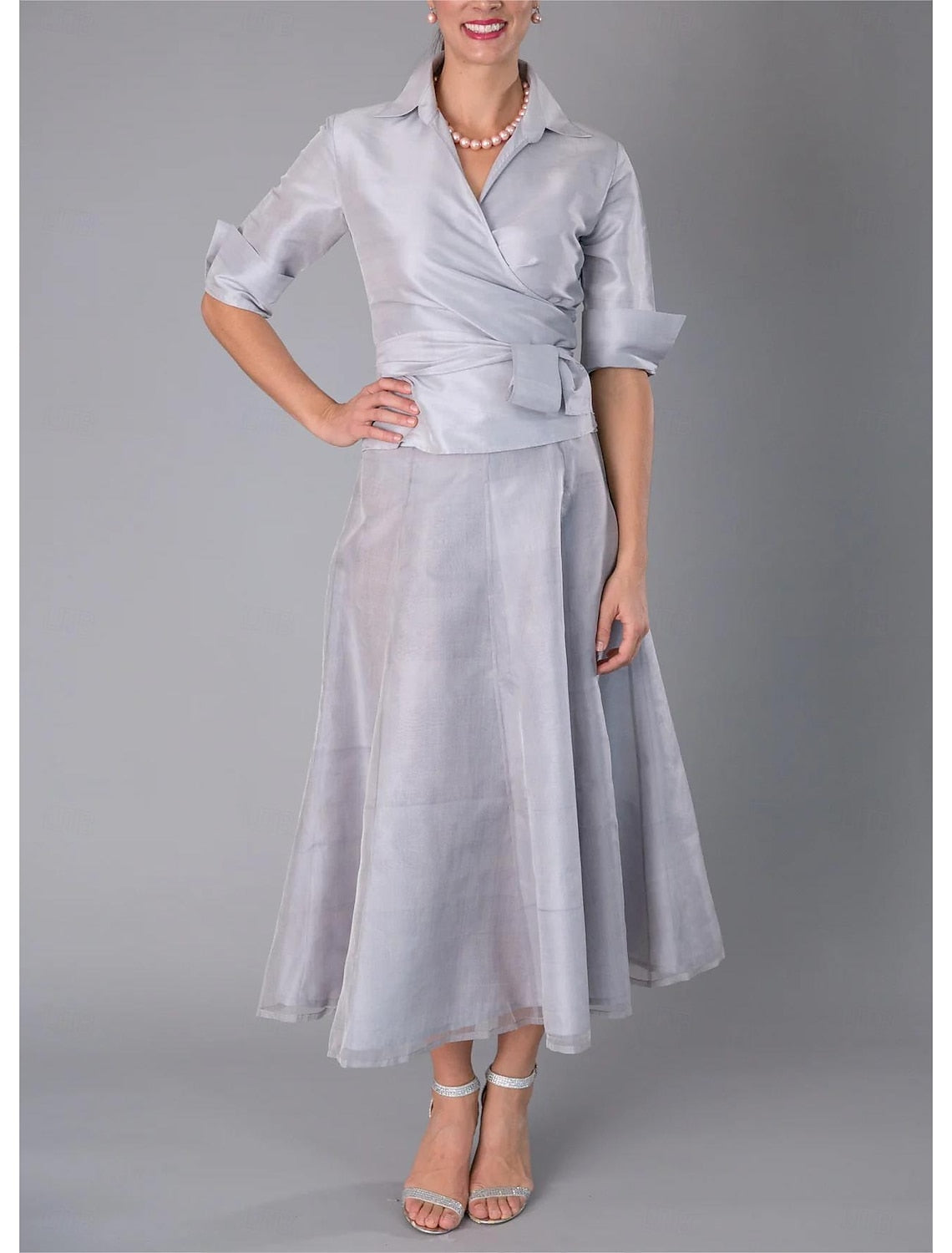 Two Piece Elegant A-Line Collared Wrap Organza Satin Navy Midi Mother of Bride Dress