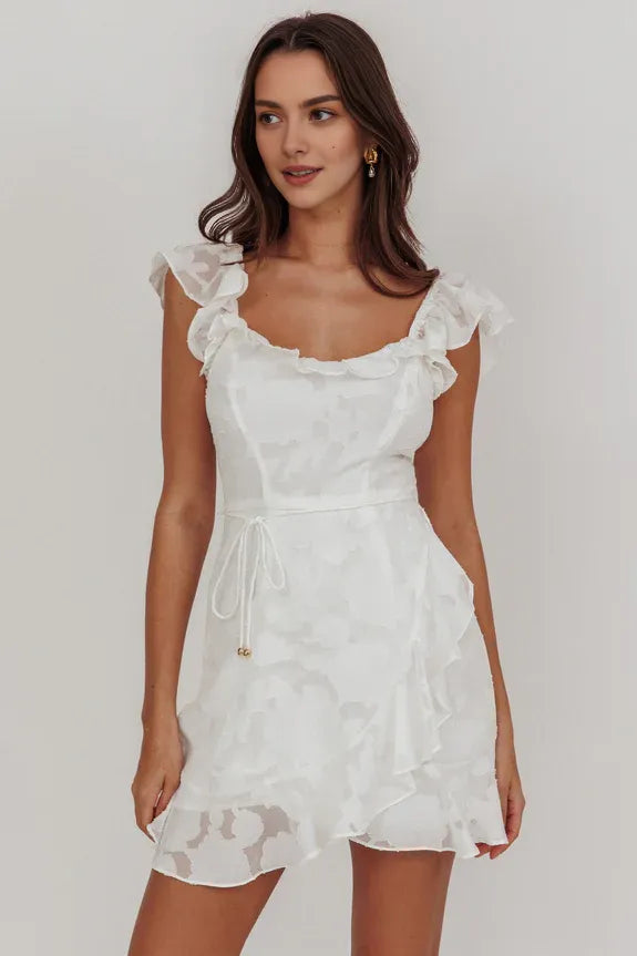 U-Neck Ruffle Trim Textured Printing White Mini Homecoming Dress With Tie Waist