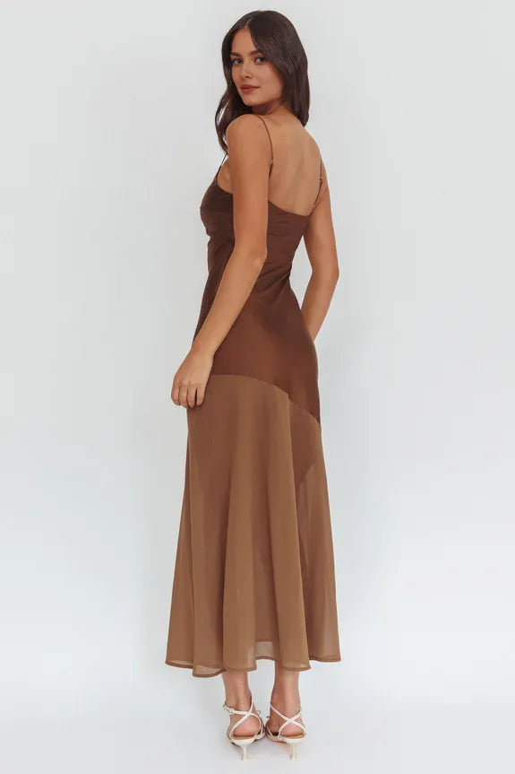 U-Neck Spaghetti Straps Chiffon Hem Chocolate Maxi Prom Dress