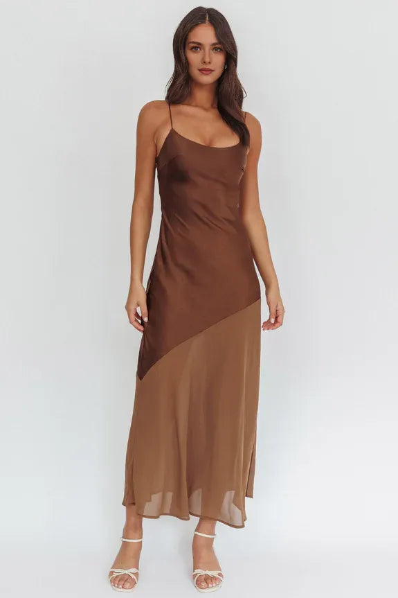 U-Neck Spaghetti Straps Chiffon Hem Chocolate Maxi Prom Dress