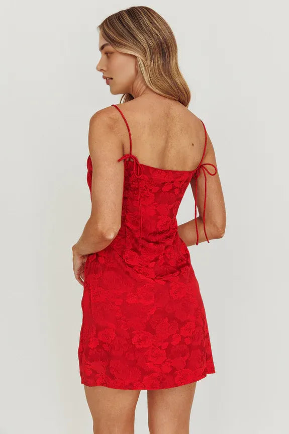 U-Neck Spaghetti Straps Red Mini Homecoming Dress With Tie Bow