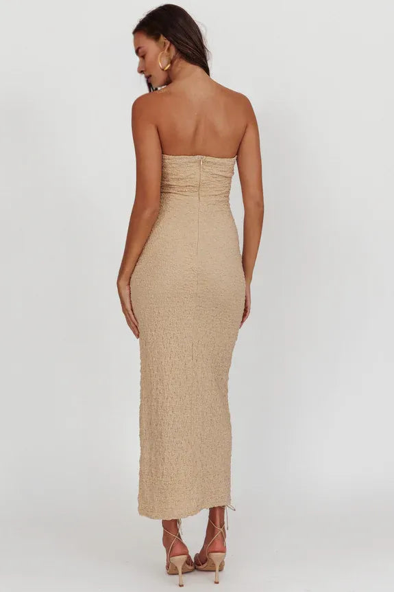 Unique Neck Strapless Bodycon Textured Chocolate Midi Evening Dress