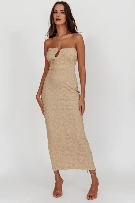 Unique Neck Strapless Bodycon Textured Chocolate Midi Evening Dress