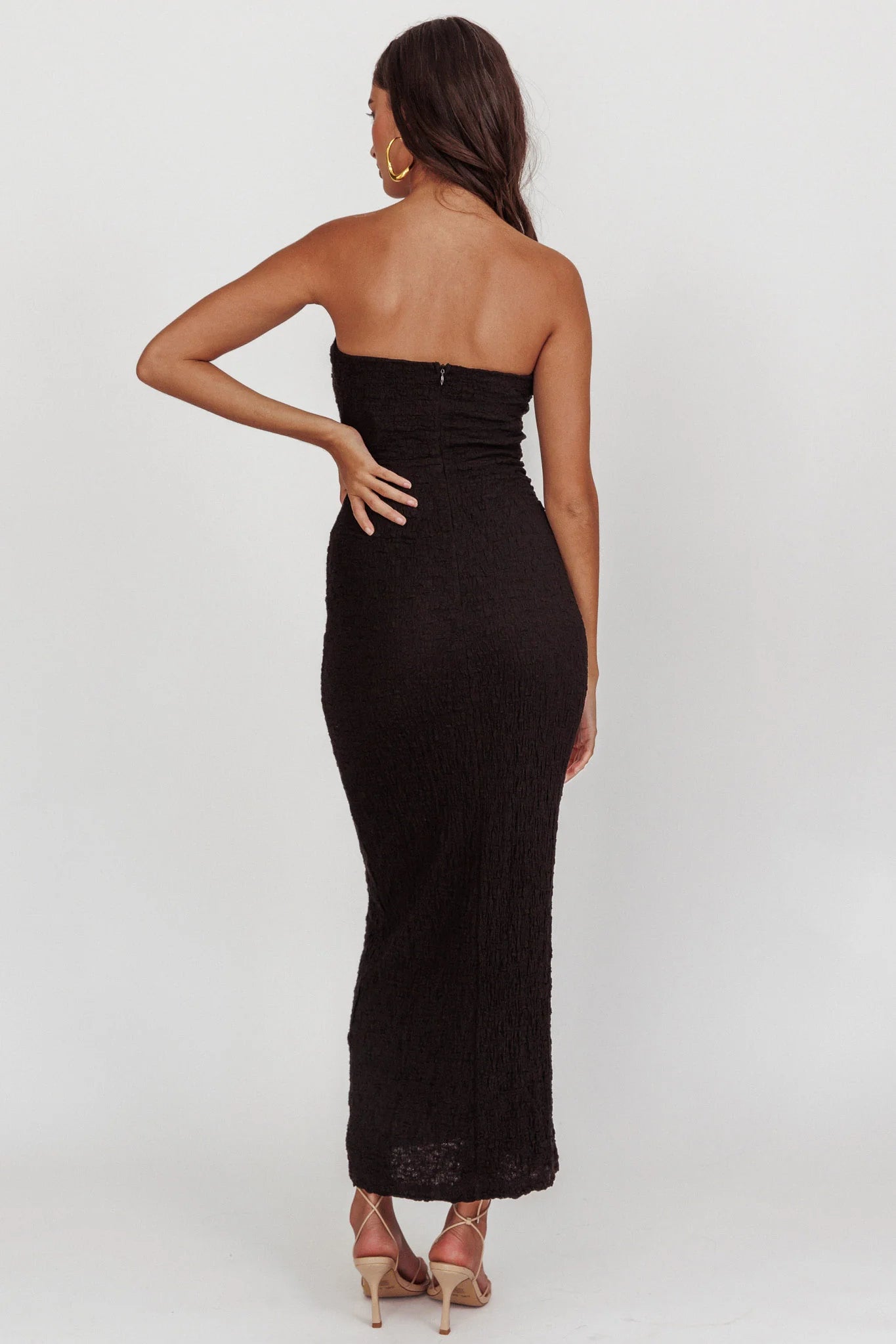 Unique Neck Strapless Bodycon Textured Chocolate Midi Evening Dress