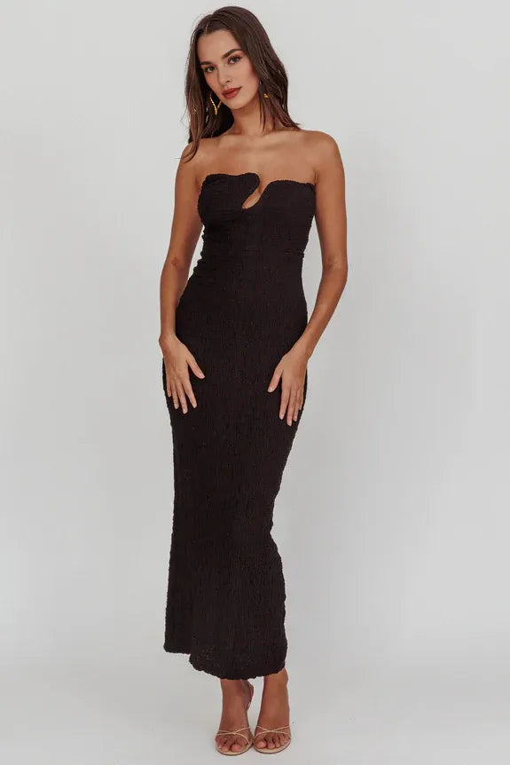 Unique Neck Strapless Bodycon Textured Chocolate Midi Evening Dress