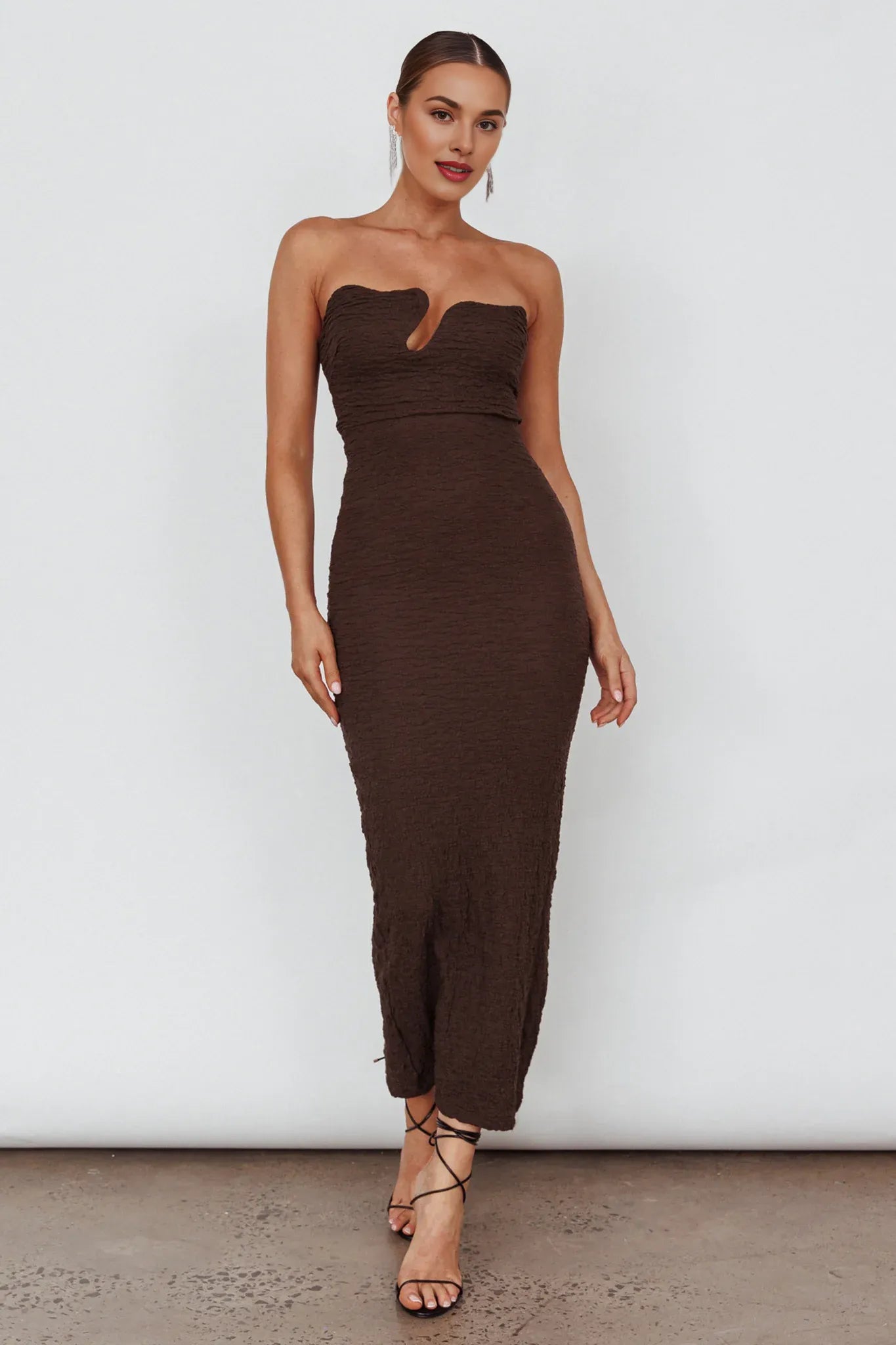 Unique Neck Strapless Bodycon Textured Chocolate Midi Evening Dress