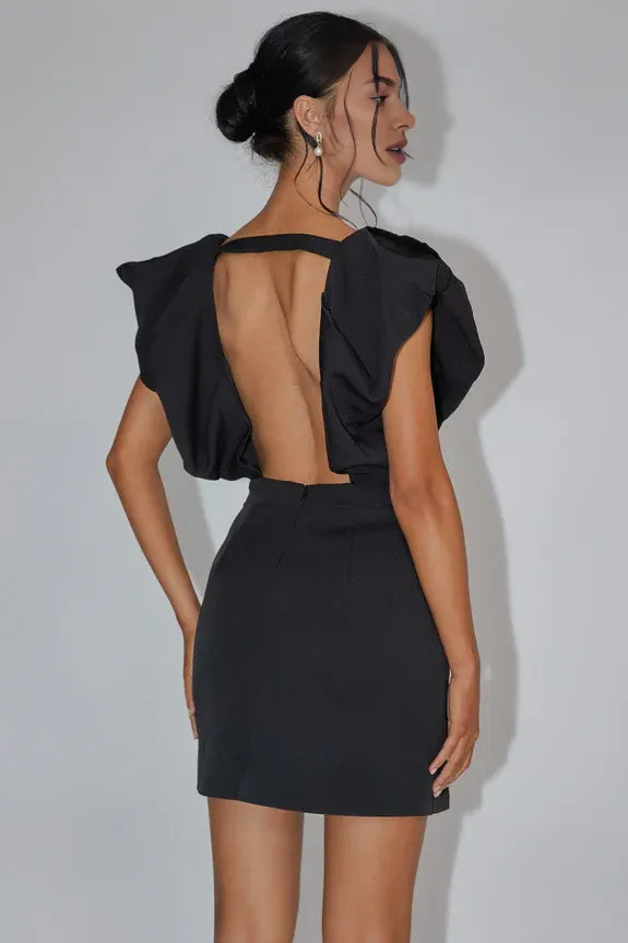 V-Neck Bubble Flying Sleeve Open Back Slit Black Mini Homecoming Dress
