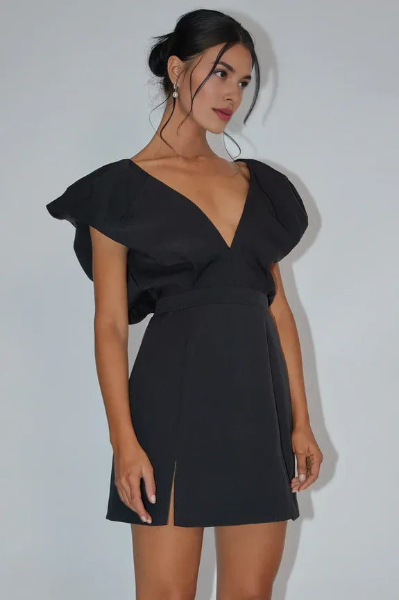 V-Neck Bubble Flying Sleeve Open Back Slit Black Mini Homecoming Dress