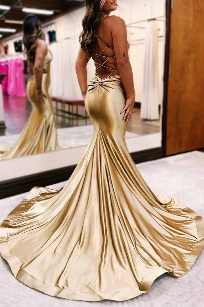 V-Neck Cutout Waist Trumpet Satin Gold Long Formal Evening Dress