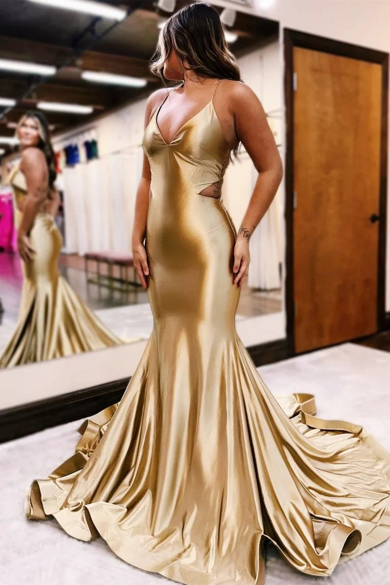 V-Neck Cutout Waist Trumpet Satin Gold Long Formal Evening Dress