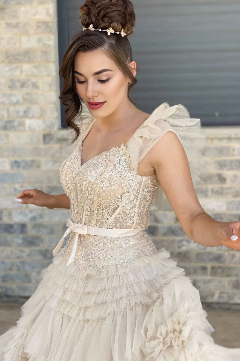 V-Neck Flying Sleeves Appliques Tiered Tulle Champagne Long Prom Dress