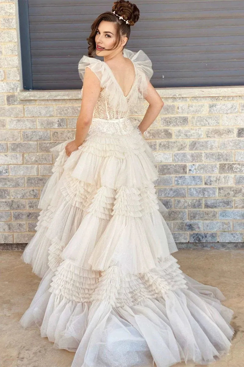 V-Neck Flying Sleeves Appliques Tiered Tulle Champagne Long Prom Dress