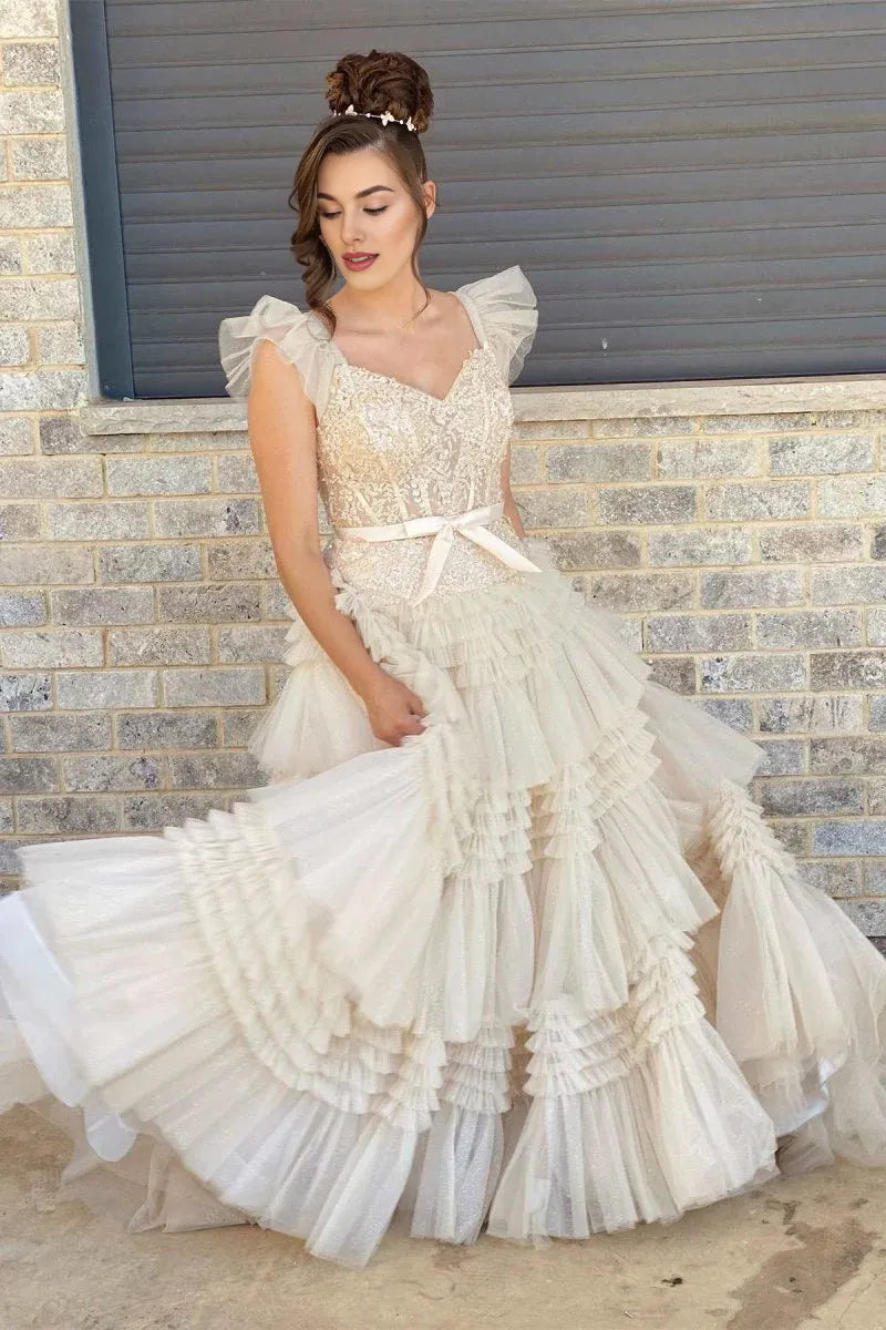 V-Neck Flying Sleeves Appliques Tiered Tulle Champagne Long Prom Dress