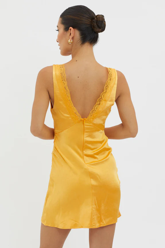 V-Neck Lace Trim Satin Tangerine Mini Homecoming Dress Ready To Ship