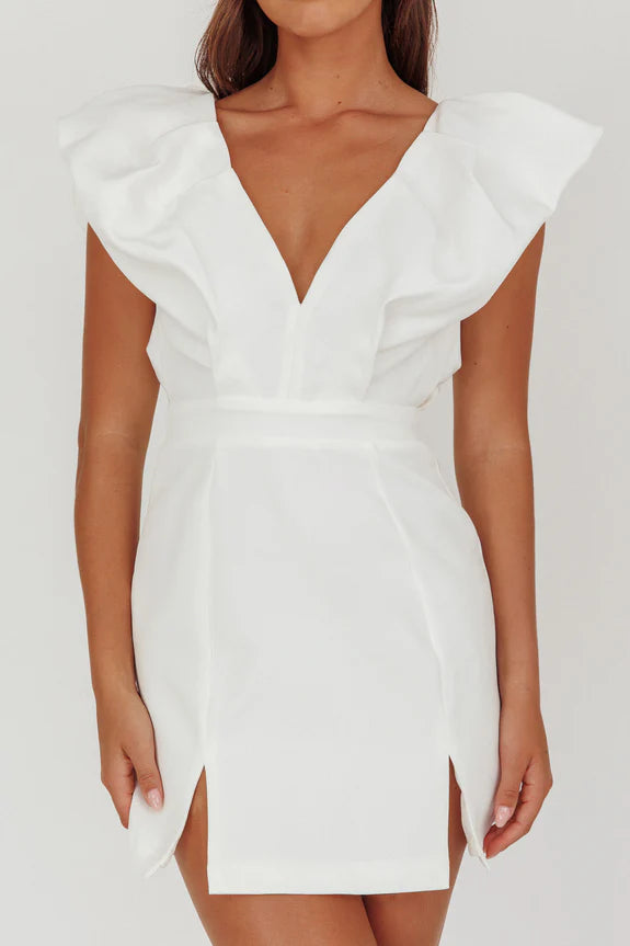 V-Neckline Bubble Flying Sleeve Open Back Slit White Mini Homecoming Dress