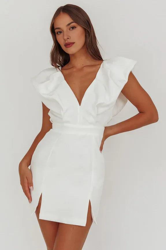 V-Neckline Bubble Flying Sleeve Open Back Slit White Mini Homecoming Dress