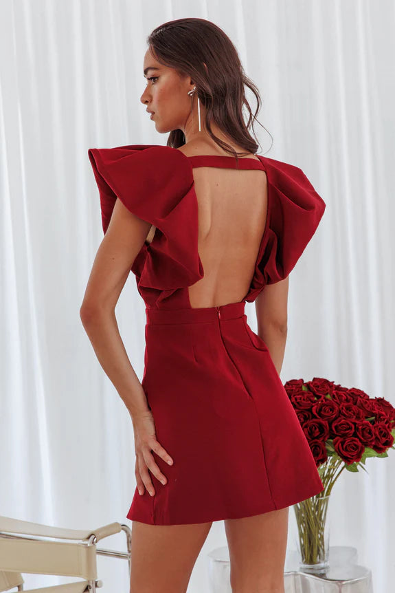 V-Neckline Bubble Flying Sleeve Open Back Slit Wine Mini Homecoming Dress