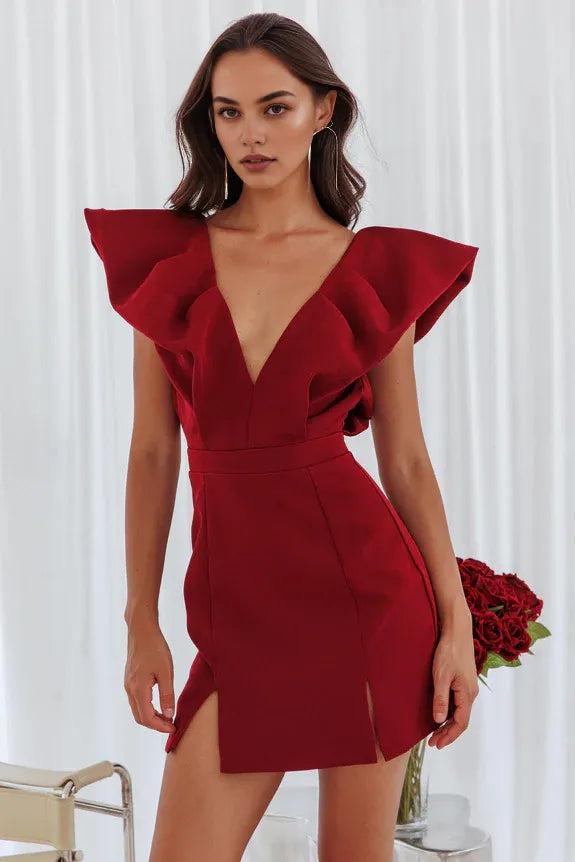 V-Neckline Bubble Flying Sleeve Open Back Slit Wine Mini Homecoming Dress