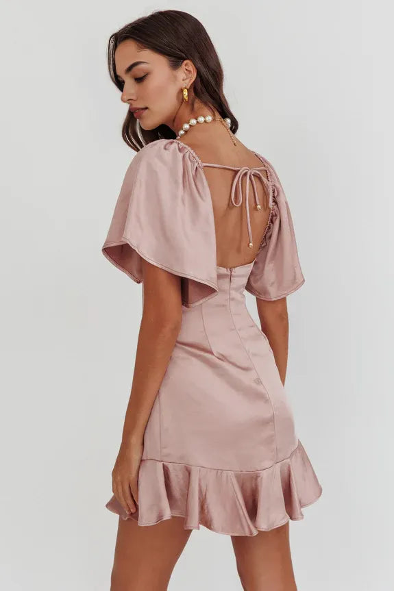 V Neck Angel Sleeve Pleated Bust Ruffle Hem Blush Mini Homecoming Dress