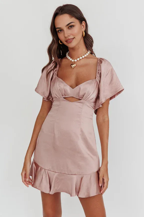 V Neck Angel Sleeve Pleated Bust Ruffle Hem Blush Mini Homecoming Dress