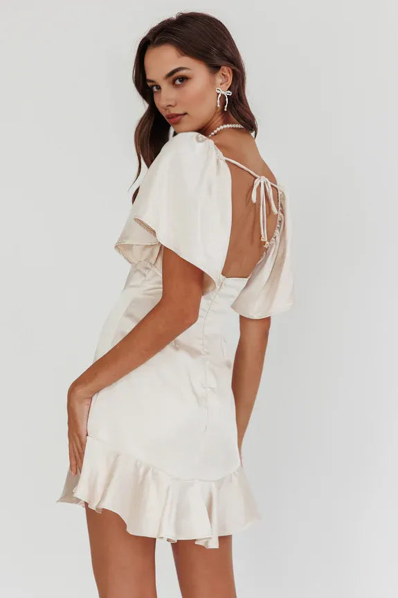 V Neck Angel Sleeve Pleated Bust Ruffle Hem Champagne Mini Homecoming Dress