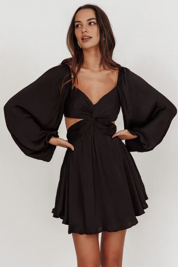 V Neck Balloon Long Sleeve Cut-Out Twist Black Mini Homecoming Dress