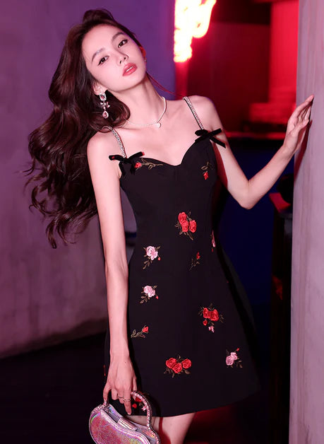 V Neck Black Floral Short Straps Homecoming Dress Party Dress Prom Dress