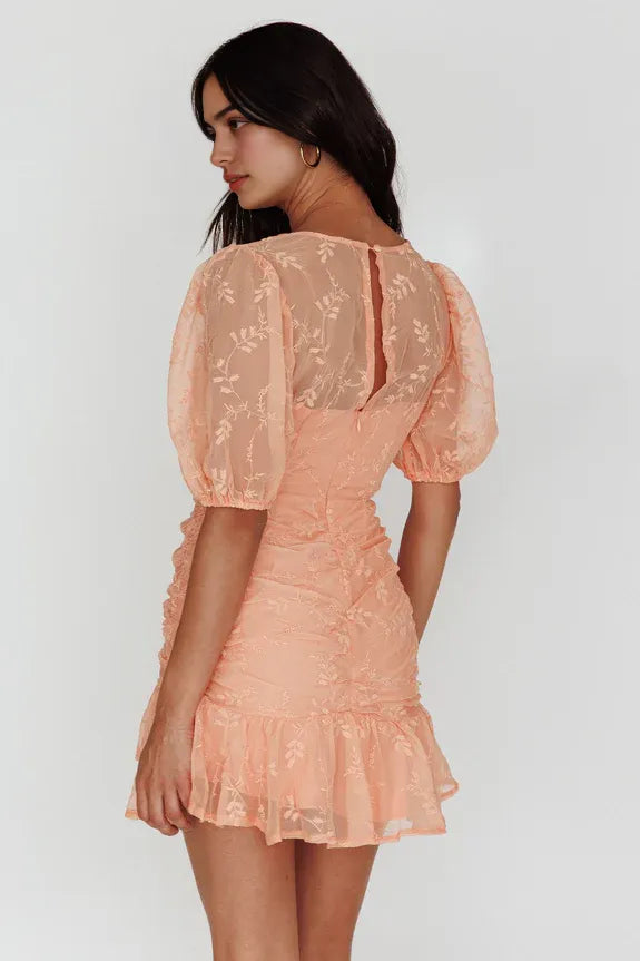 V Neck Puff Sleeve Blossom Wide Ruffle Hem Orange Mini Homecoming Dress