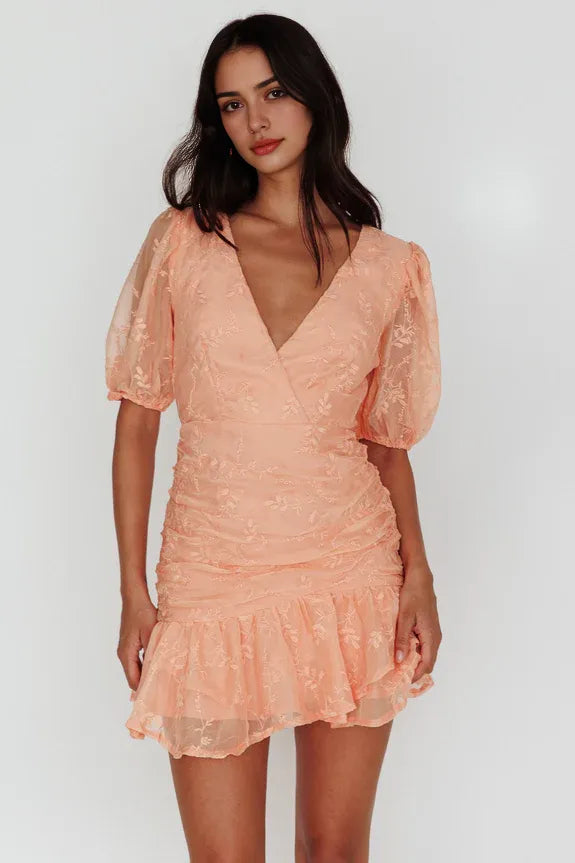 V Neck Puff Sleeve Blossom Wide Ruffle Hem Orange Mini Homecoming Dress