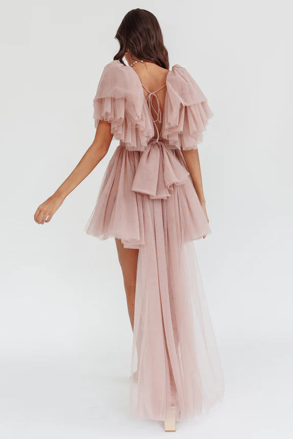 V Neck Cap Sleeves Ruffle Tiered Tulle Blush Mini Homecoming Dress With Train