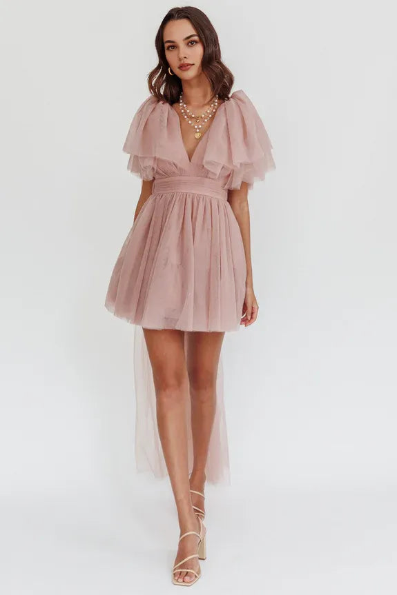 V Neck Cap Sleeves Ruffle Tiered Tulle Blush Mini Homecoming Dress With Train