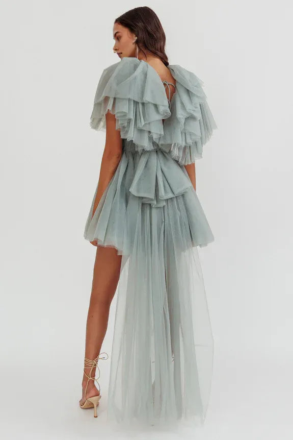 V Neck Cap Sleeves Ruffle Tiered Tulle Pistachio Mini Homecoming Dress With Train