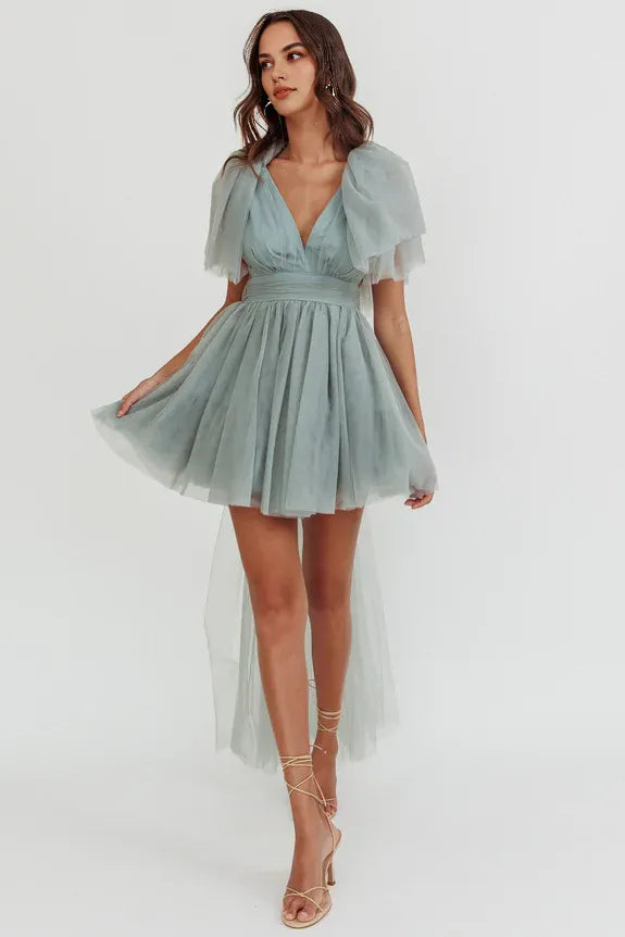 V Neck Cap Sleeves Ruffle Tiered Tulle Pistachio Mini Homecoming Dress With Train