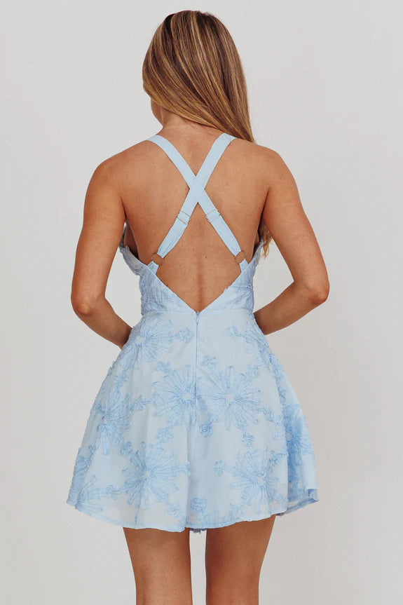 V Neck Criss-Cross Back Floral Embellished Blue Mini Homecoming Dress