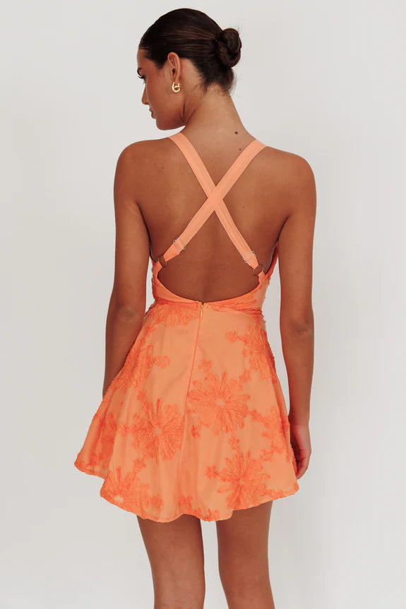 V Neck Criss-Cross Back Floral Embellished Orange Mini Homecoming Dress