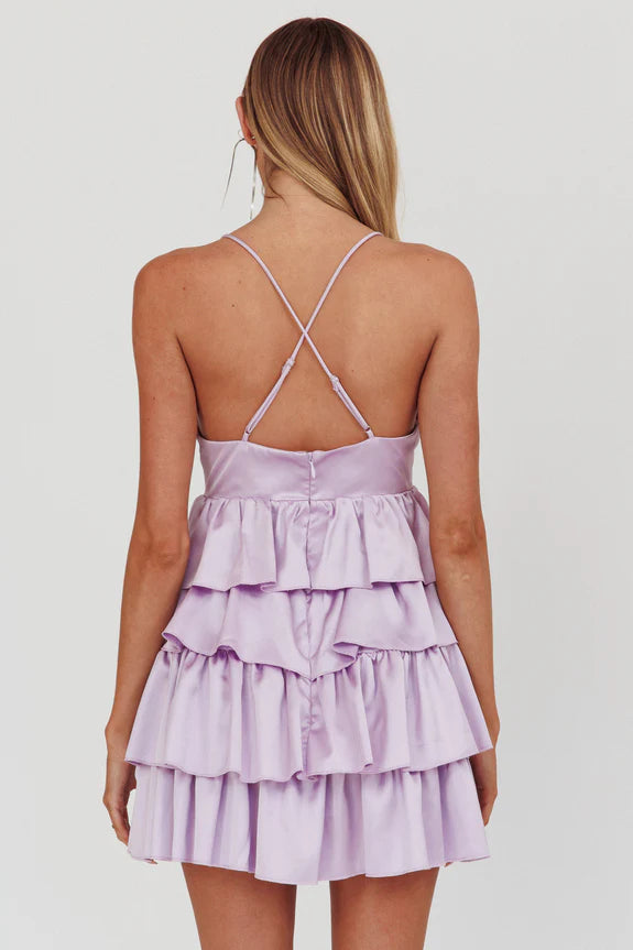 V Neck Cross-Strap Back Ruffle Tiered Lilac Mini Homecoming Dress