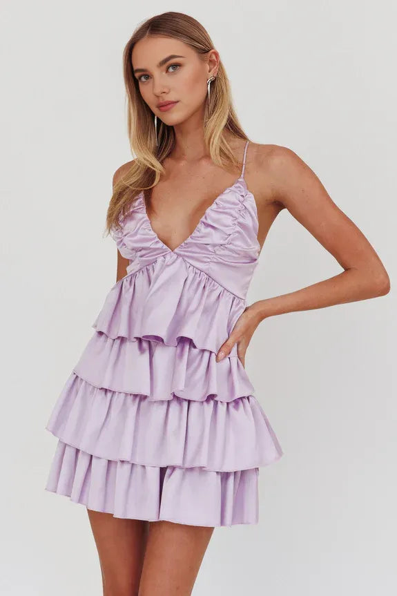 V Neck Cross-Strap Back Ruffle Tiered Lilac Mini Homecoming Dress