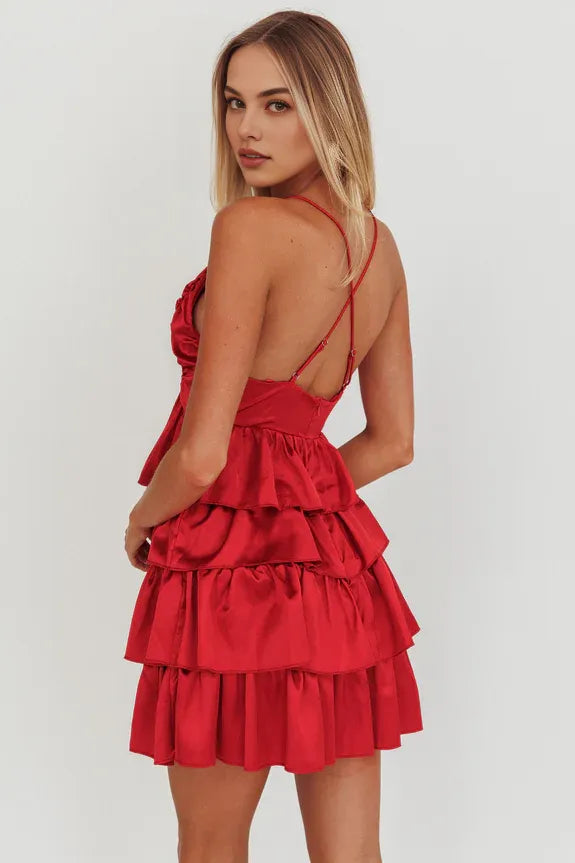 V Neck Cross-Strap Back Ruffle Tiered Red Mini Homecoming Dress