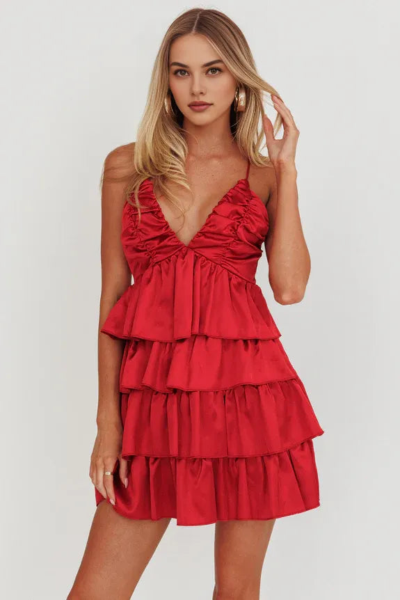 V Neck Cross-Strap Back Ruffle Tiered Red Mini Homecoming Dress